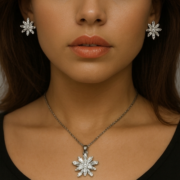 Avenue Jewelry - AVENUE Silver-tone Sparkling Crystals Snowflakes Pendant Necklace with Earrings